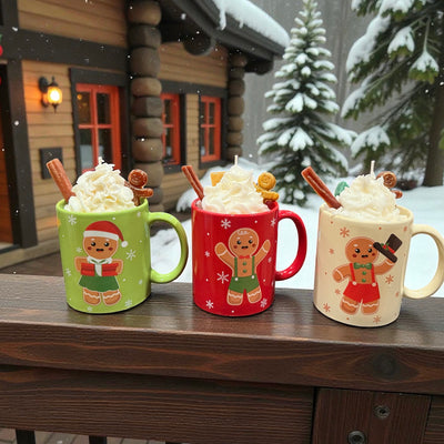 Whipped holiday candle in Christmas gingerbread mugs topped with cinnamon sticks and candy on a snowy winter background.
