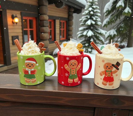 Whipped holiday candle in Christmas gingerbread mugs topped with cinnamon sticks and candy on a snowy winter background.