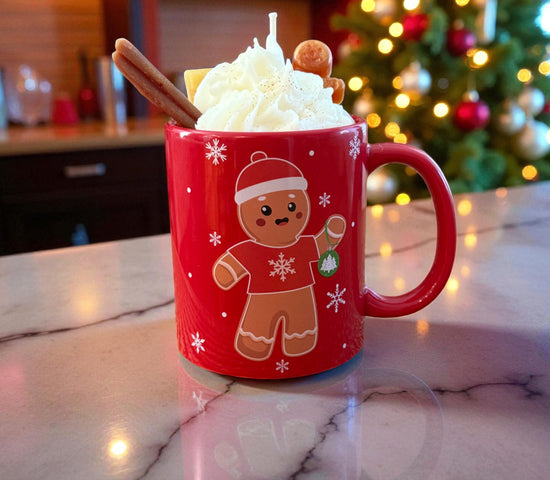 Holiday Gingerbread mug candle in red mug with whipped wax top, cookie embeds, and festive kitchen background by CW Candle Co.

